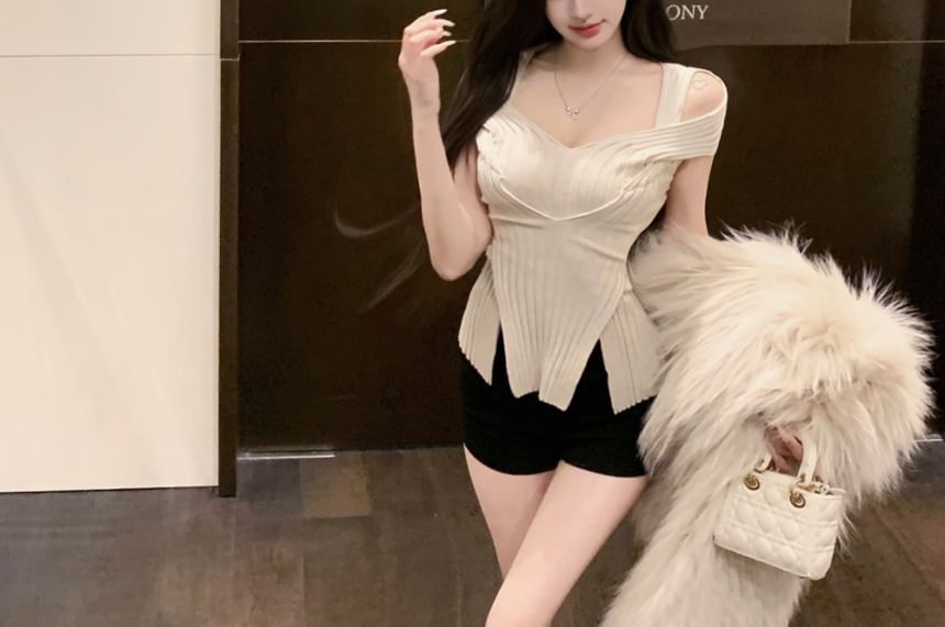 Shoulder Cold Top Short-Sleeve Plain Crop