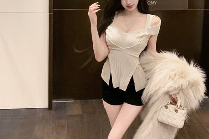 Shoulder Cold Top Short-Sleeve Plain Crop