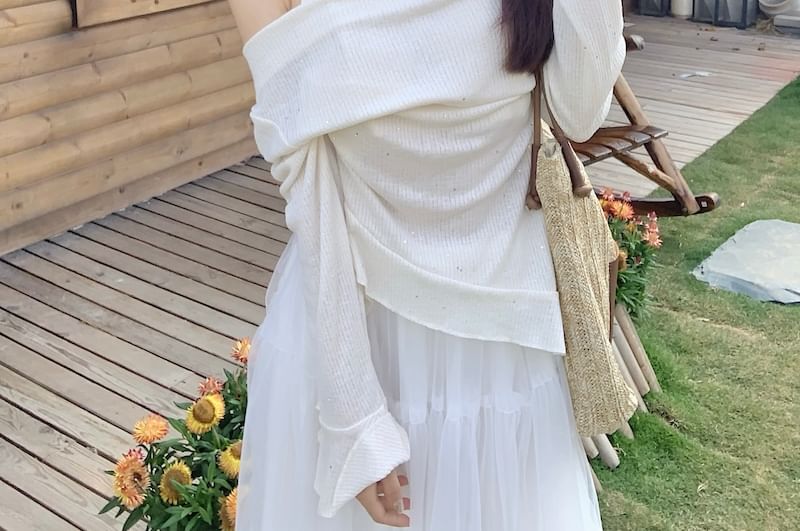 Plain High Top Mock / Maxi Long-Sleeve A-Line Skirt Rise Two-Piece