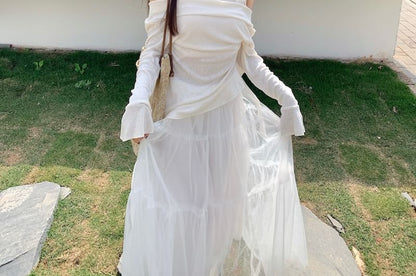 Plain High Top Mock / Maxi Long-Sleeve A-Line Skirt Rise Two-Piece