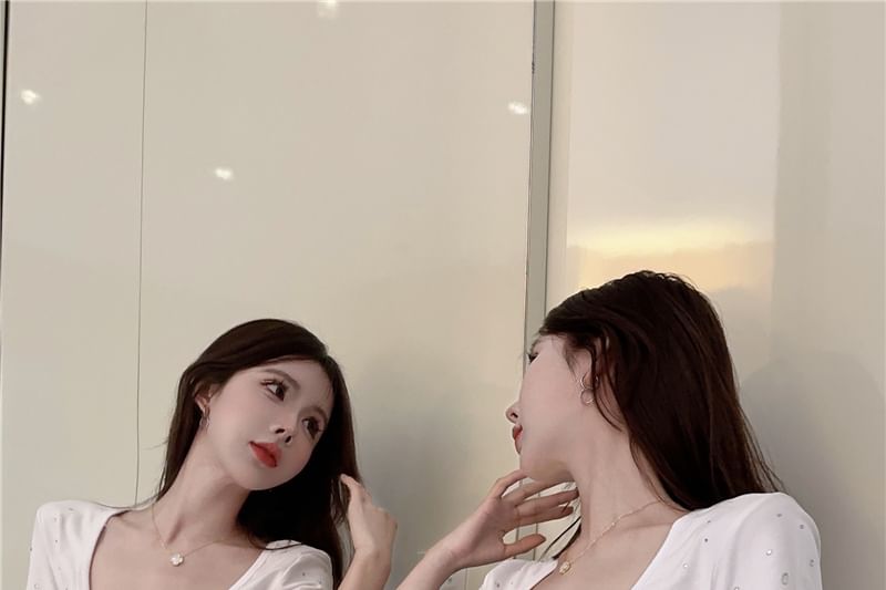 Crop T-Shirt Rhinestone Short-Sleeve Neck Plain Square