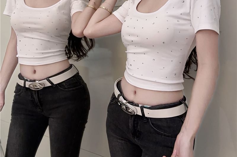 Crop T-Shirt Rhinestone Short-Sleeve Neck Plain Square