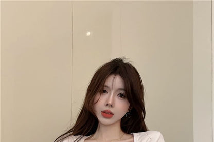 Crop T-Shirt Rhinestone Short-Sleeve Neck Plain Square