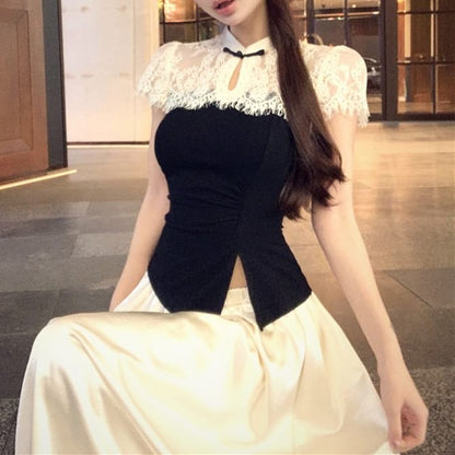 Short-Sleeve Tone Skirt Top Two High Maxi Waist Asymmetrical / A-Line