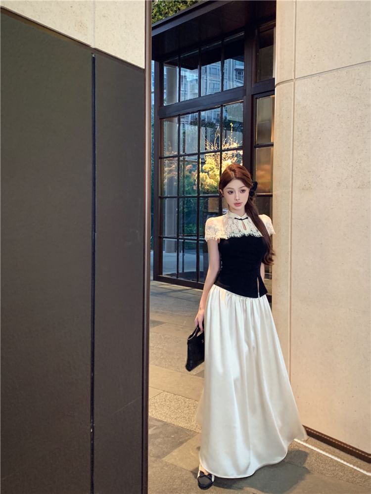 Short-Sleeve Tone Skirt Top Two High Maxi Waist Asymmetrical / A-Line