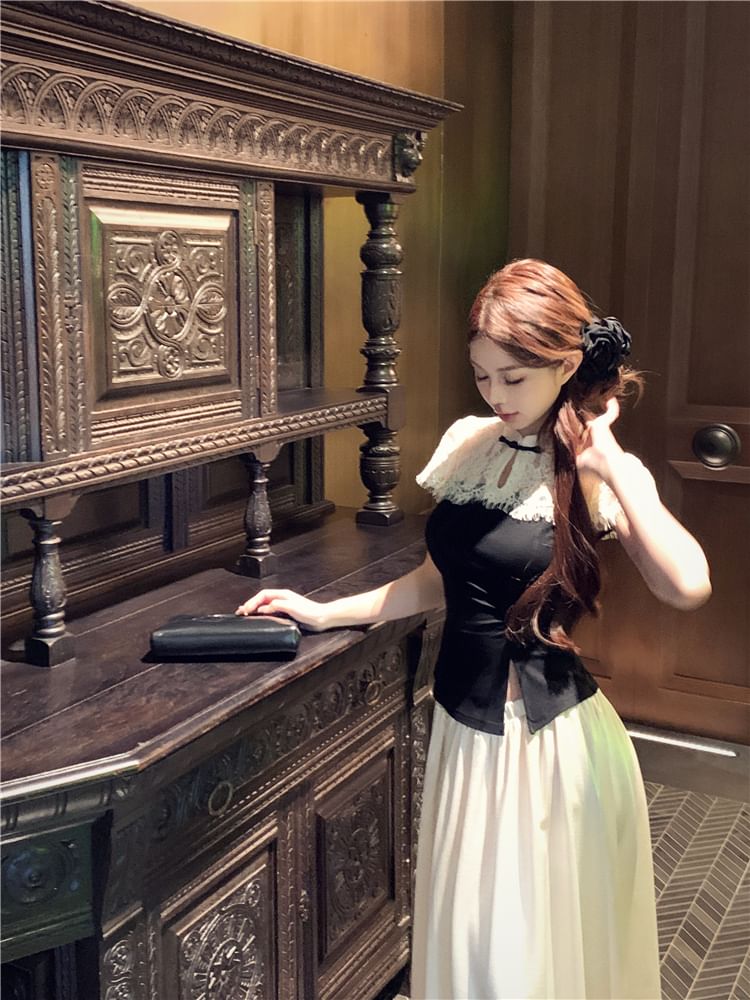 Short-Sleeve Tone Skirt Top Two High Maxi Waist Asymmetrical / A-Line