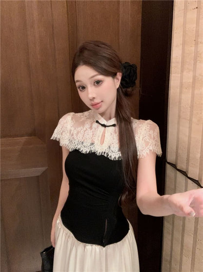 Short-Sleeve Tone Skirt Top Two High Maxi Waist Asymmetrical / A-Line