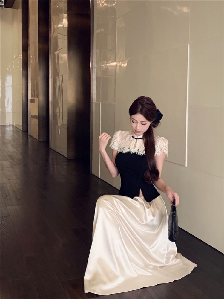 Short-Sleeve Tone Skirt Top Two High Maxi Waist Asymmetrical / A-Line