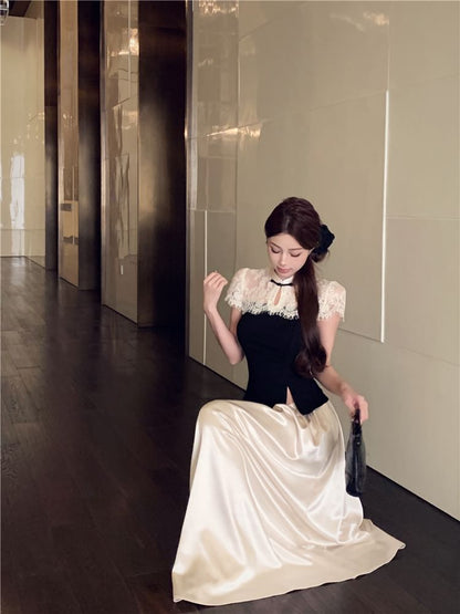 Short-Sleeve Tone Skirt Top Two High Maxi Waist Asymmetrical / A-Line