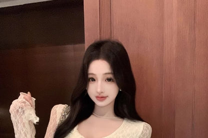 Long-Sleeve U-Neck Top Lace