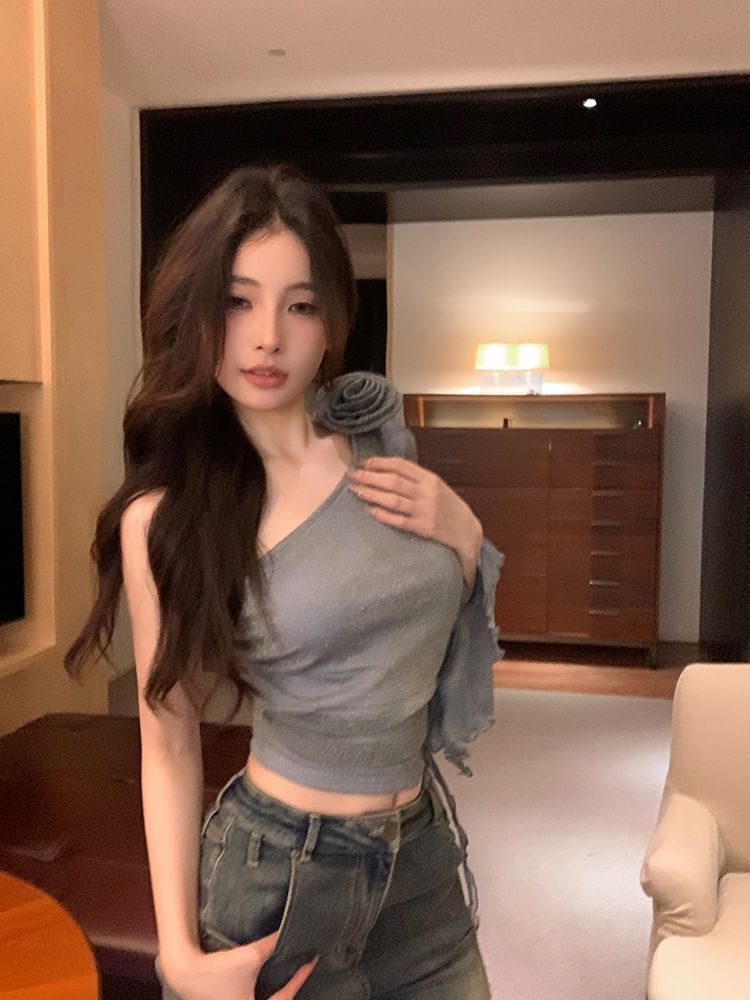 One-Sleeve Top Accent Floral Crop Plain