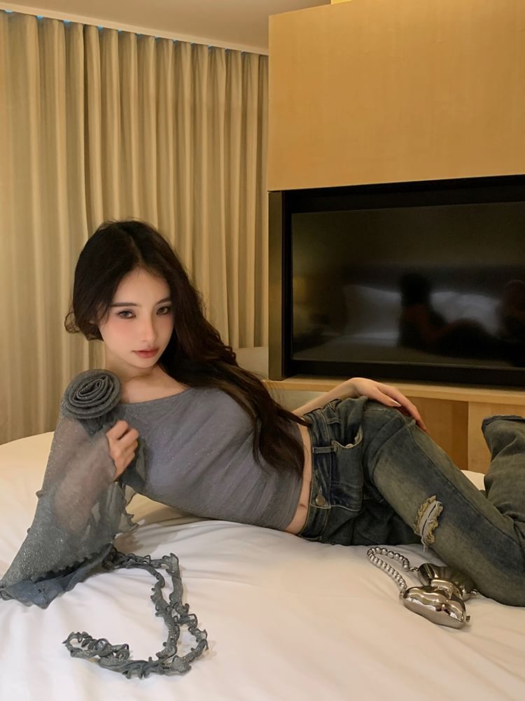 One-Sleeve Top Accent Floral Crop Plain