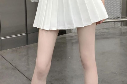 Mini Skirt Plain Rise Belted High Pleated A-Line