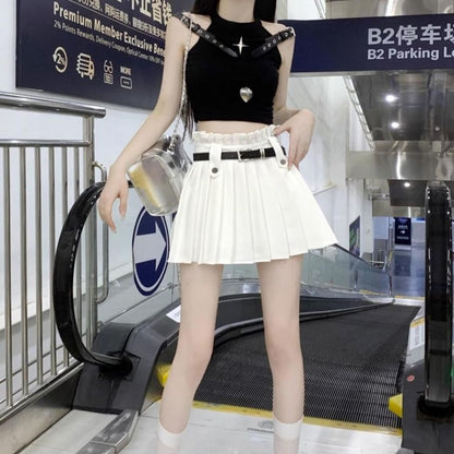 Mini Skirt Plain Rise Belted High Pleated A-Line