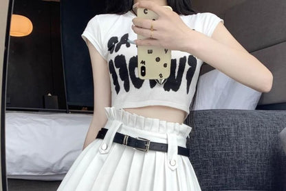 Mini Skirt Plain Rise Belted High Pleated A-Line