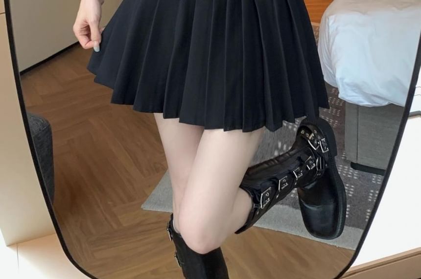 Mini Skirt Plain Rise Belted High Pleated A-Line