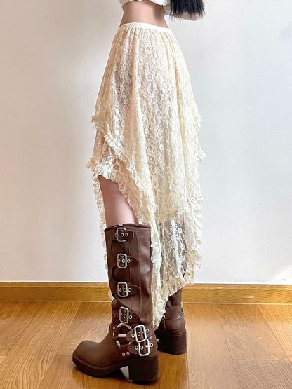 Plain Skirt Lace A-Line High Rise Midi