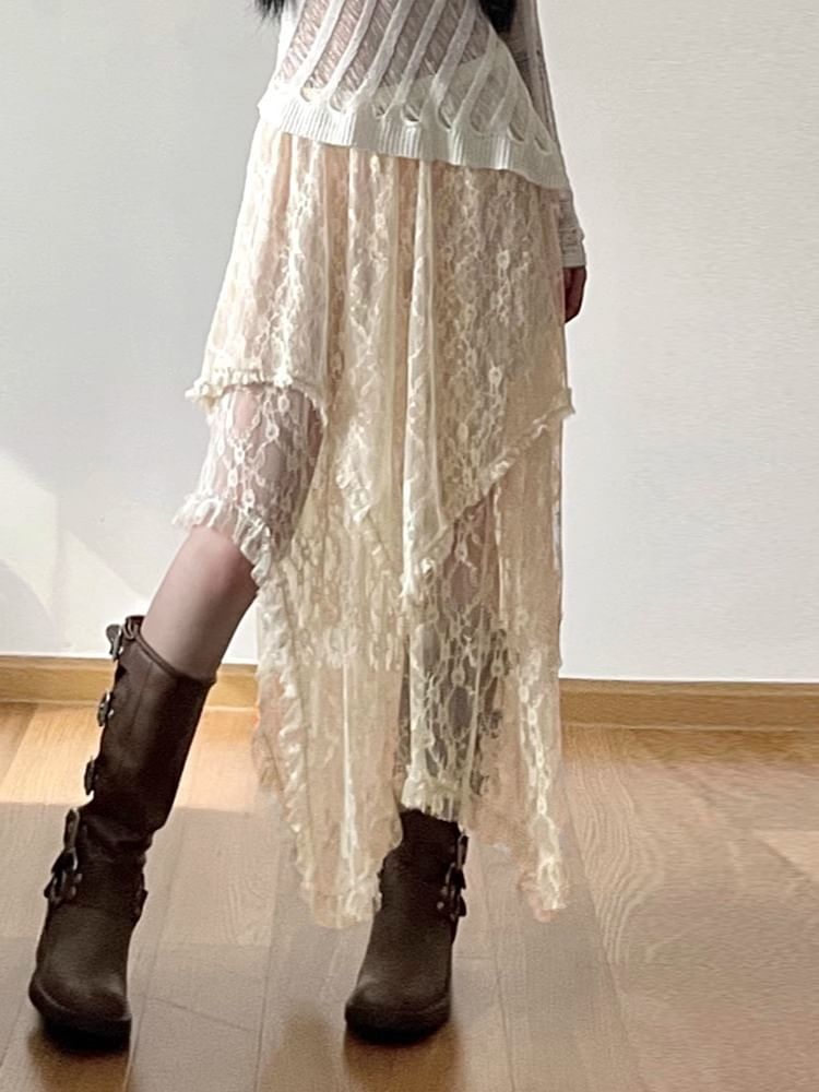 Plain Skirt Lace A-Line High Rise Midi