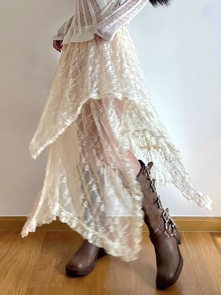 Plain Skirt Lace A-Line High Rise Midi