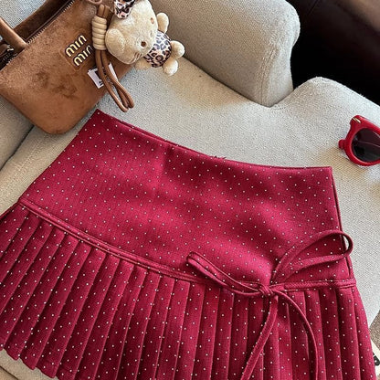 Mini Rise A-Line Pleated Dotted High Skirt