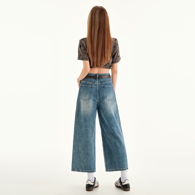 Cropped Wide Leg Rise Jeans Mid Washed