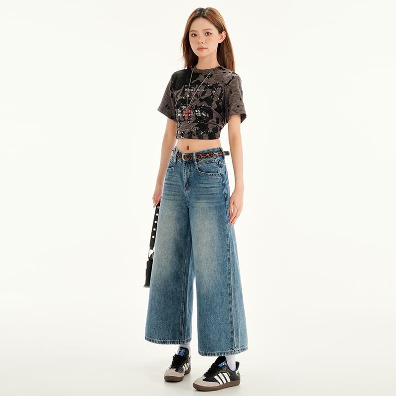 Cropped Wide Leg Rise Jeans Mid Washed
