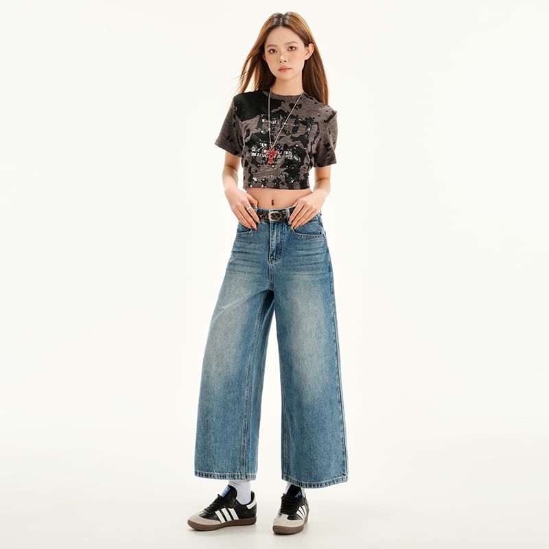 Cropped Wide Leg Rise Jeans Mid Washed