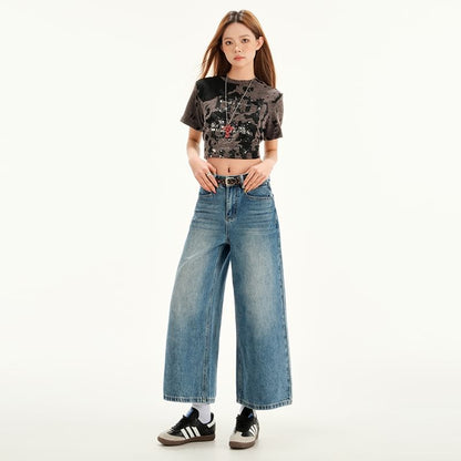 Cropped Wide Leg Rise Jeans Mid Washed