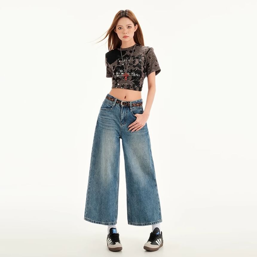 Cropped Wide Leg Rise Jeans Mid Washed