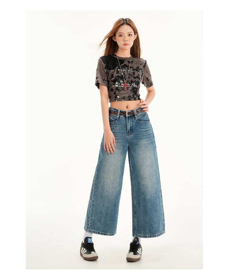 Cropped Wide Leg Rise Jeans Mid Washed