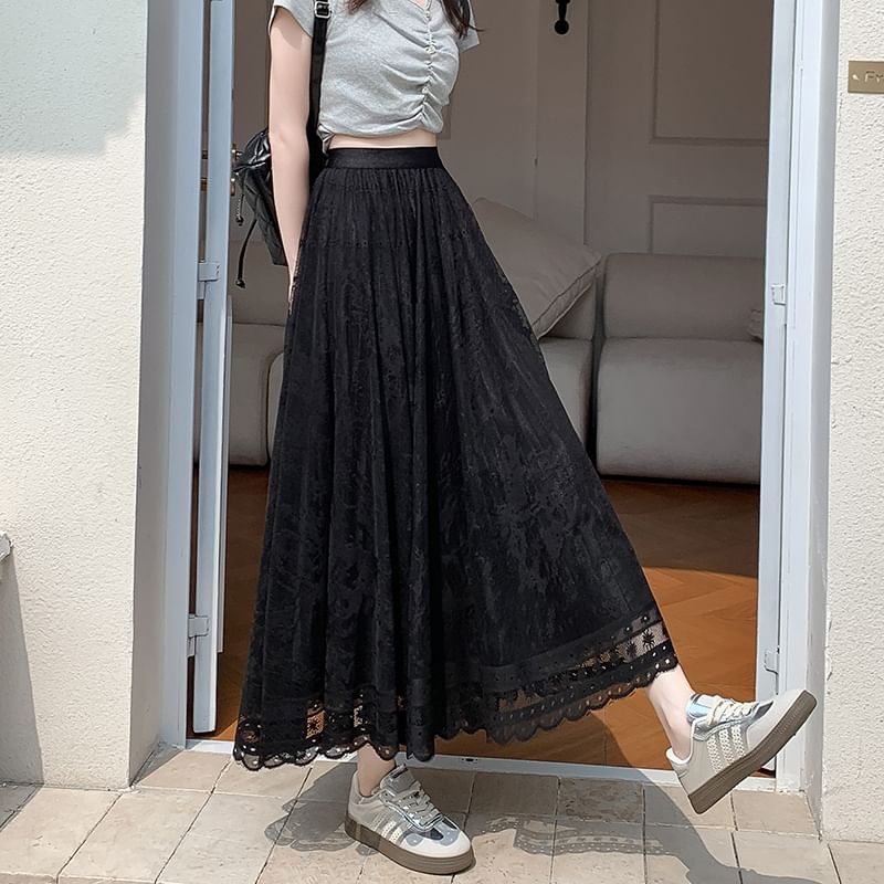 High Lace A-Line Midi Skirt Waist