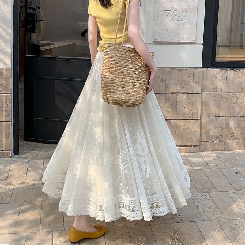High Lace A-Line Midi Skirt Waist