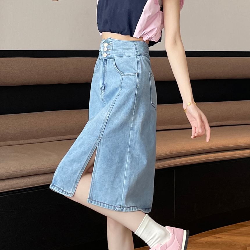 Denim Washed A-Line High Slit Skirt Rise