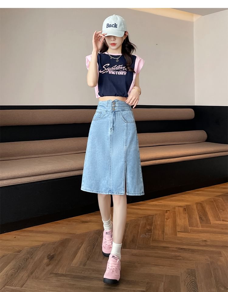 Denim Washed A-Line High Slit Skirt Rise