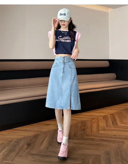 Denim Washed A-Line High Slit Skirt Rise