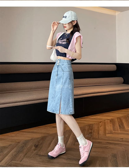 Denim Washed A-Line High Slit Skirt Rise