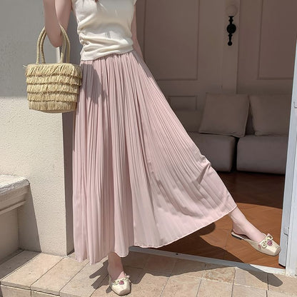 Plain Rise A-Line Skirt High Pleated Midi