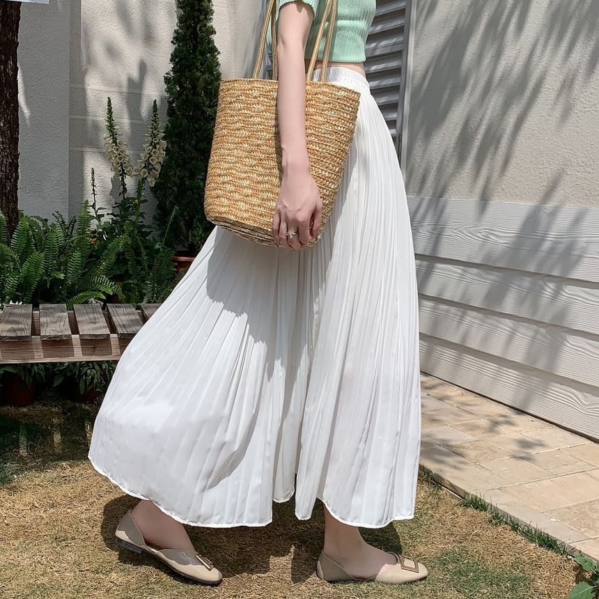 Plain Rise A-Line Skirt High Pleated Midi