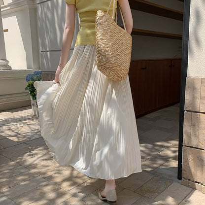 Plain Rise A-Line Skirt High Pleated Midi