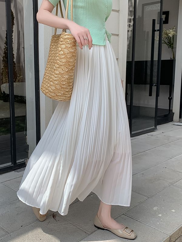 Plain Rise A-Line Skirt High Pleated Midi