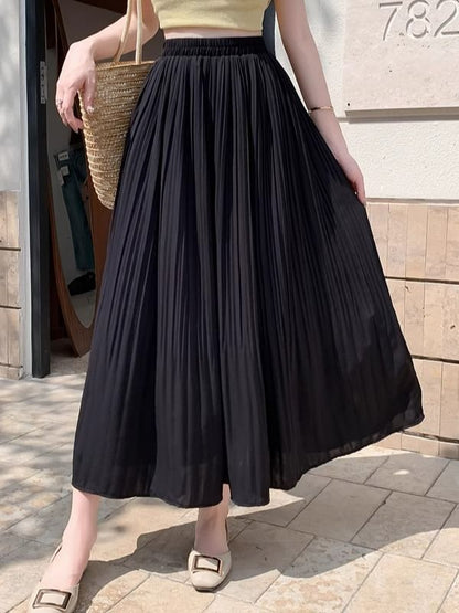 Plain Rise A-Line Skirt High Pleated Midi