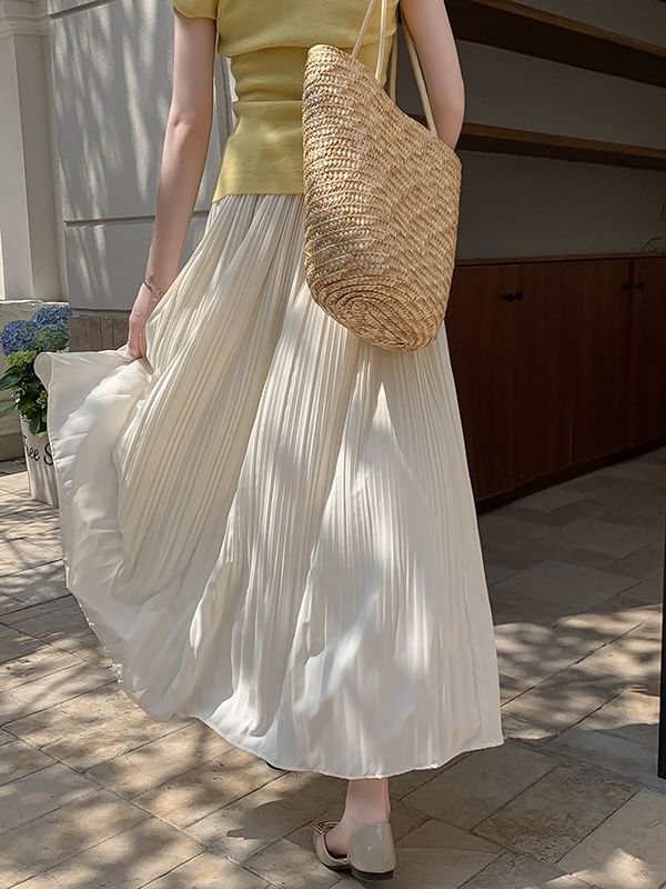 Plain Rise A-Line Skirt High Pleated Midi
