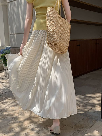 Plain Rise A-Line Skirt High Pleated Midi