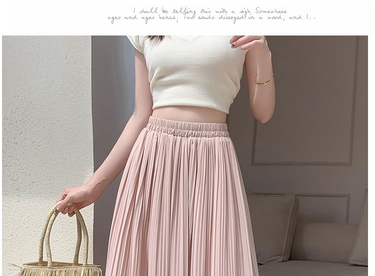 Plain Rise A-Line Skirt High Pleated Midi