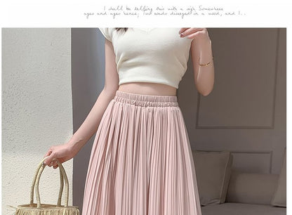 Plain Rise A-Line Skirt High Pleated Midi