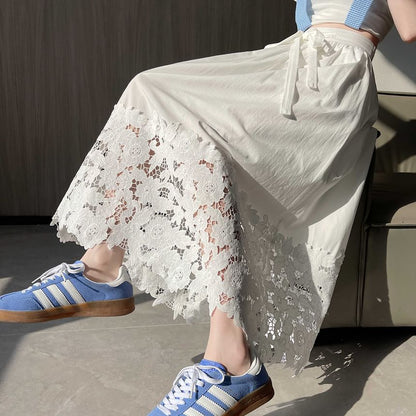 Midi Plain Panel Waist Skirt A-Line High Lace
