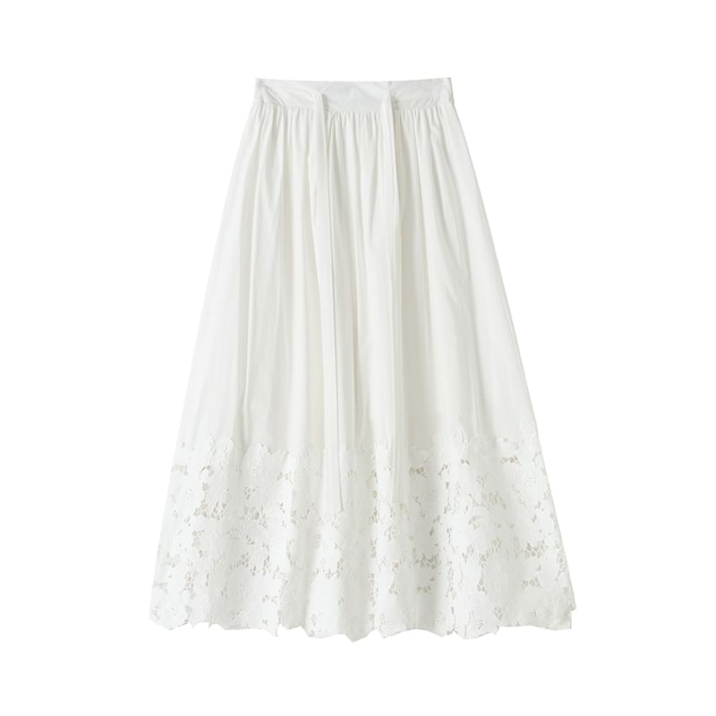 Midi Plain Panel Waist Skirt A-Line High Lace