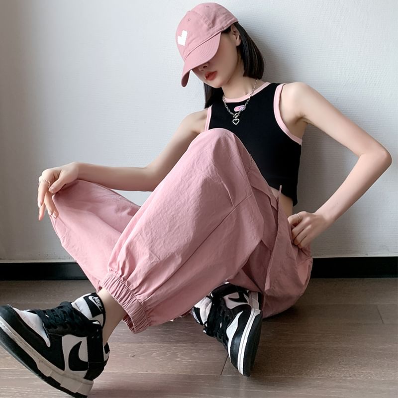 Cargo Harem Drawstring Plain Cropped Pants Waist