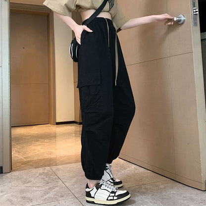 Cargo Harem Drawstring Plain Cropped Pants Waist