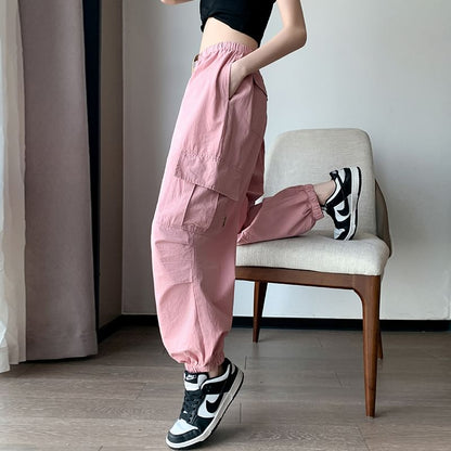 Cargo Harem Drawstring Plain Cropped Pants Waist